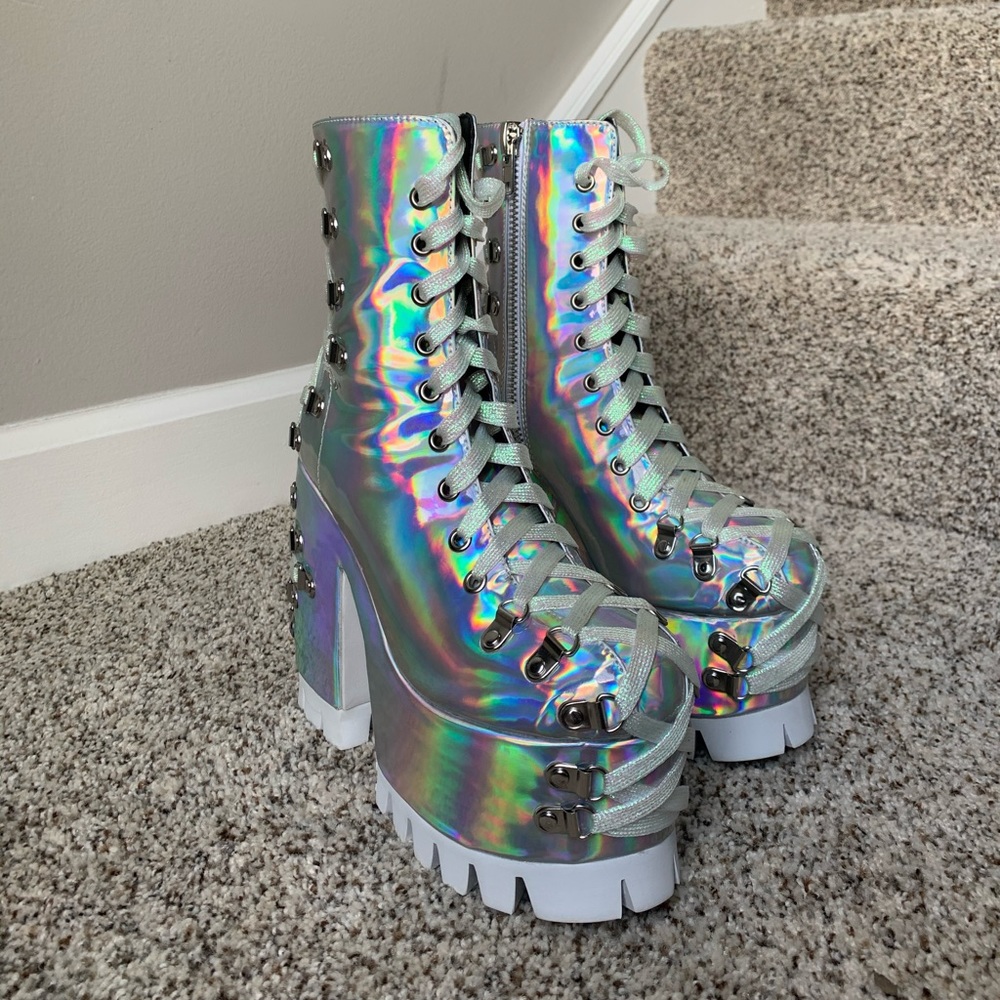 brand new dolls kill iridescent platform boots